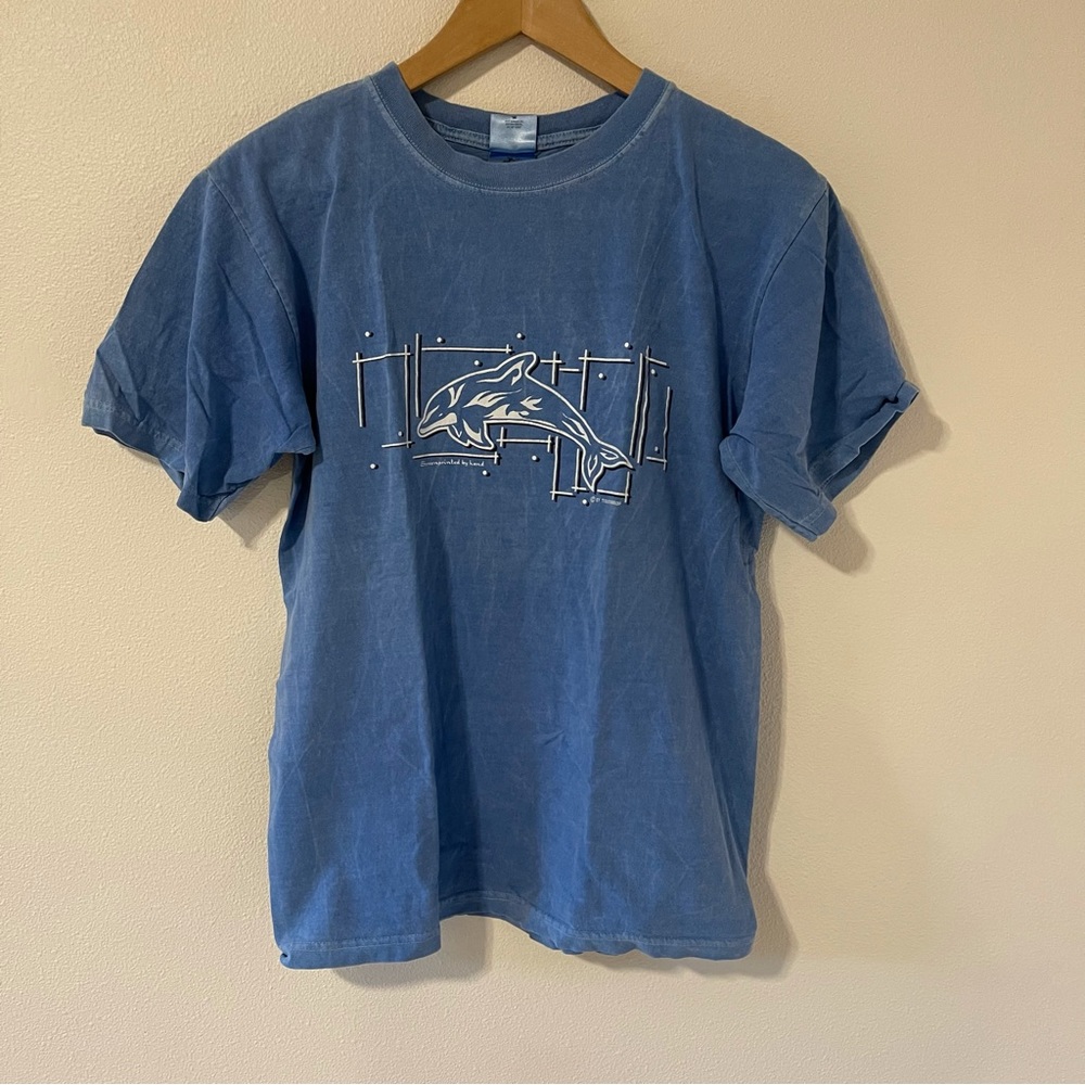 Dolphin Blue Garment Dye Short Sleeve Crewneck Graphic Tee Chroma Zone-Small